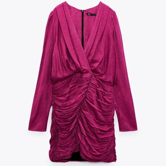 Zara Women's Ruched Satin Effect Print Wrap Dress Fuchsia Pink Size Small - Picture 3 of 15